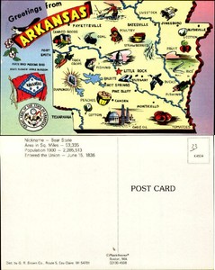 Map-Arkansas-Greetings-State-Flag-flower-apple-blossom-crest-mockingbird-unused