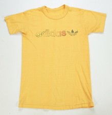 Rare VTG ADIDAS Spell Out Trefoil Single Stitched T Shirt 70s 80s Yellow Rainbow