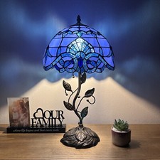 Tiffany Style Table Lamp Blue Stained Glass Baroque Style LED Bulb Included H22  