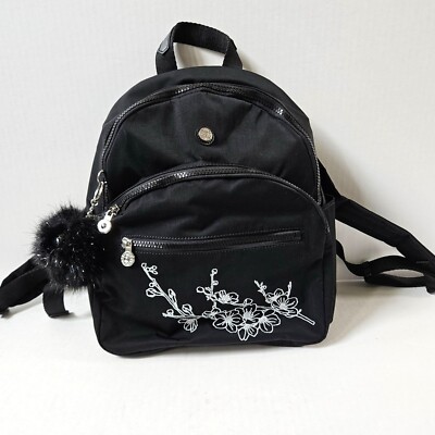 Kipling Paola Small Backpack Black Silver Floral Embossed Monkey Keychain