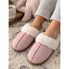 New Dearfoams Deluxe Pink White Faux Fur Sherpa Lined Slippers Slip On 9-10 L