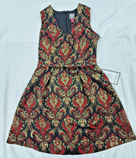 Vince Camuto Women’s Size 4 Brocade Dress Red Gold Black Sleeveless Belted Holid