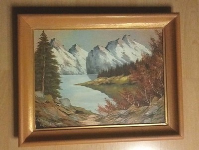 Ölbild Gemälde Alpen Berge Alpen Landschaft  Signiert F.Käringer 1964, 37x47cm