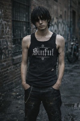 Vtg Y2K Thrashed SiNFUL Grunge DISTRESSED Fallen Angel Goth Tank Wife Beater Top