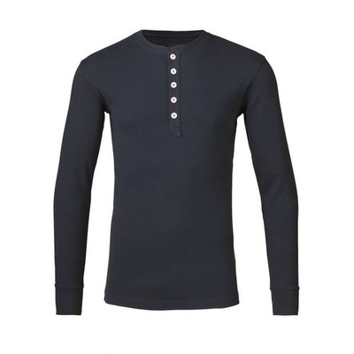 Knowledge Cotton   Rib Knit Henley blaues Langarm-Shirt aus Baumwolle