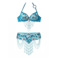 Women Dance Costumes 2 Pieces Suit Eastern Beaded Top Group Dance Bra and Belt