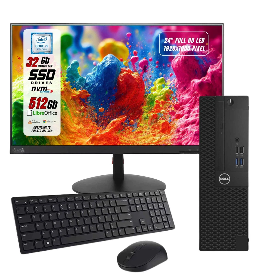 Postazione Completa Pc Dell i5-7500 32Gb 512Gb Win10P Monitor 24" Ricondizionato