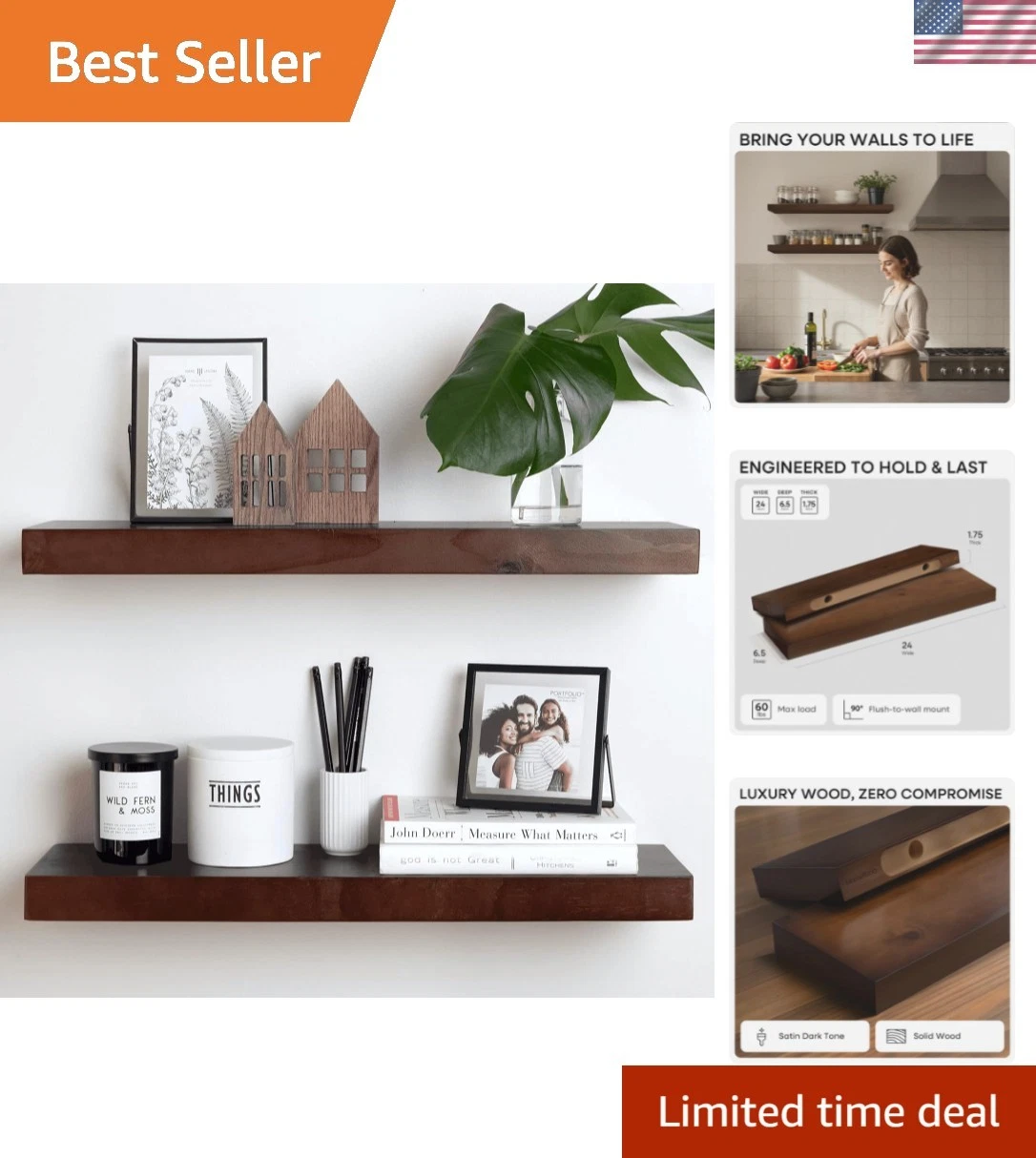 24inch Walnut Floating Shelves for Wall, High End Solid Real Wood 24in Floati...
Opens in a new wind