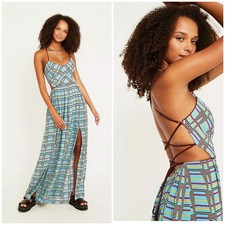 NWOT Urban Outfitters Gia Lace Up Strappy Printed Boho Maxi Dress Blue Maroon XS