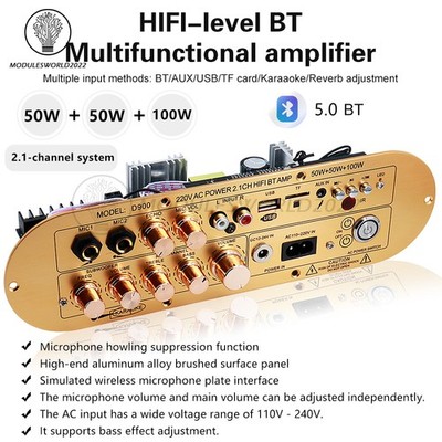 D900 Amplifier Board 2.1 Channel BLE5.0 Digital Amp Board Adjustable Bass Treble