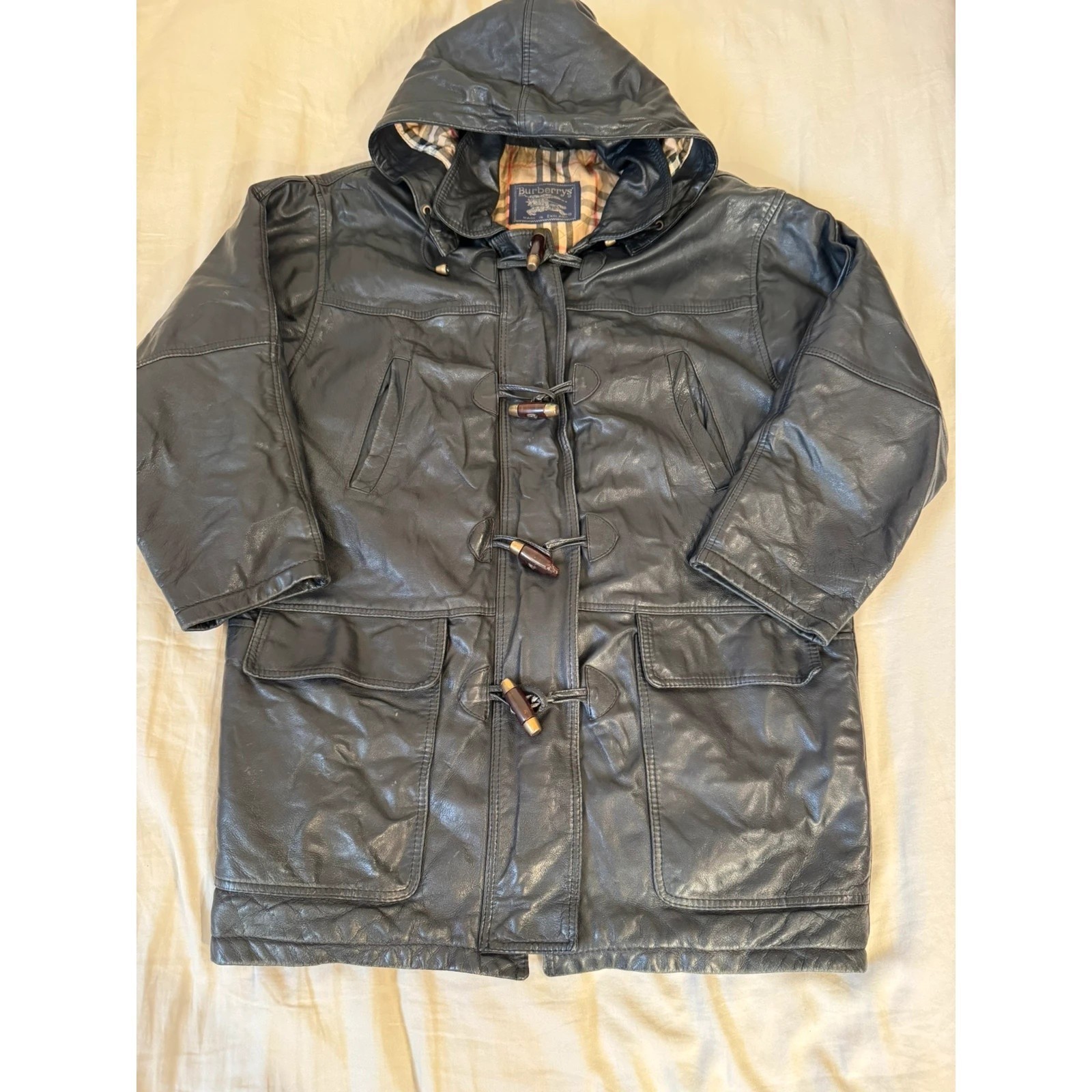 Burberry Black Leather Duffle Coat Size 16