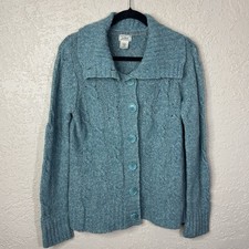 VTG LL Bean Womens Cable Knit Fisherman Cardigan Sweater Size L Light Blue Wool