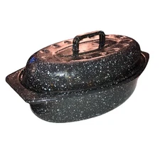 VTG Small Black ROASTING PAN Speckled Enamel Granite Ware ROASTER PAN 13”