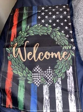 red green blue line welcome garden flag with wreath Military Police And Fire