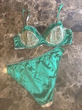 Oily Green Shiny Satin Second Skin Bra Panty Thong Lace Lingerie Set Sissy M