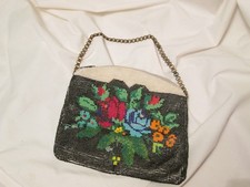 Vintage Handmade Seed Bead Evening Bag Roses Zipper Closure Small