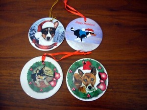 4 Basenji Tri Color Howliday Porcelain China Dog Christmas Ornament 3" Dia