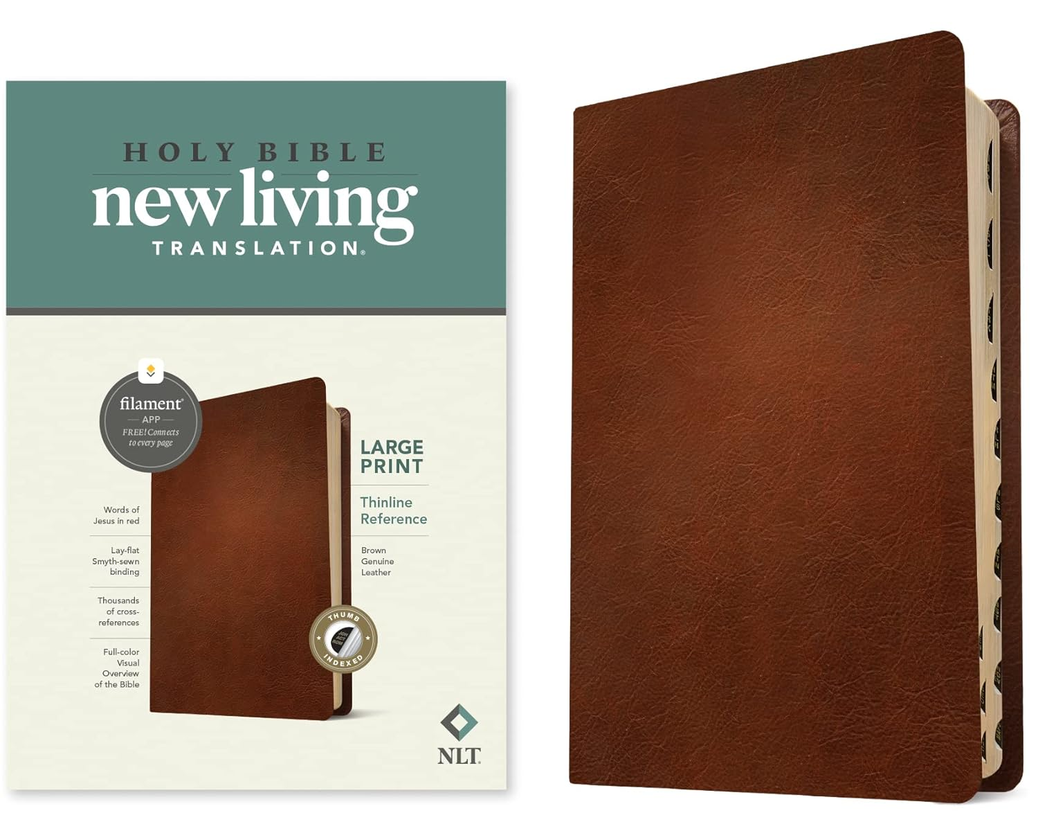 NLT Large Print Thinline Bible with Filament Tech in Genuine Leather Brown