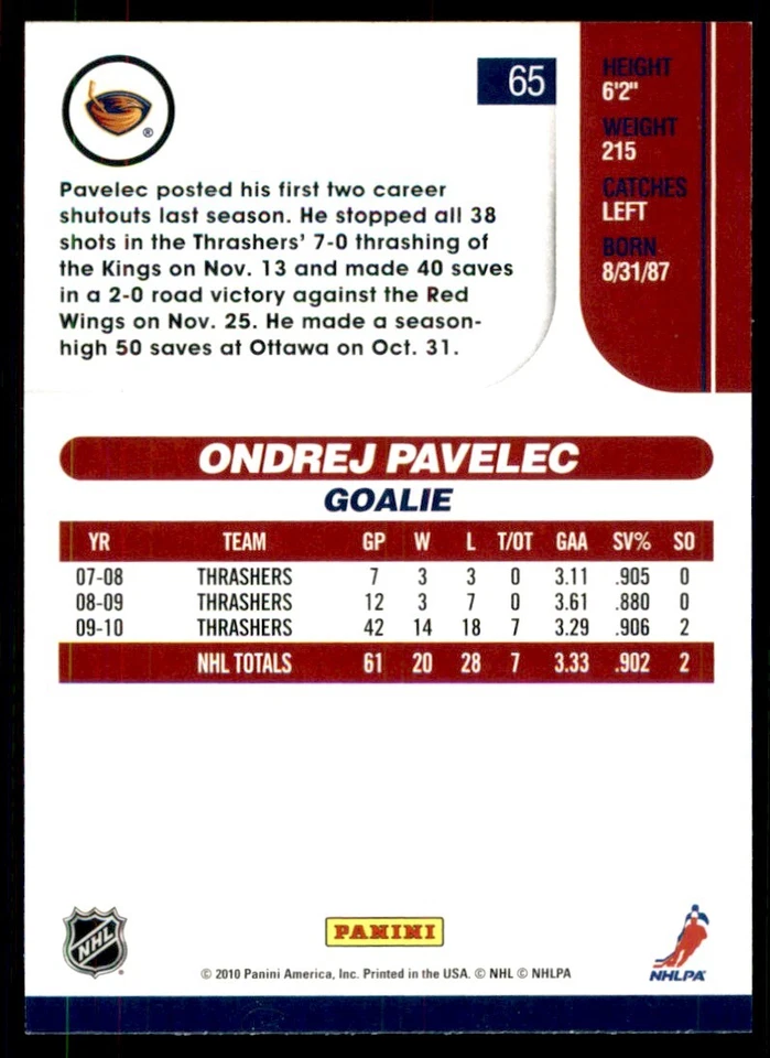 2010-11 Score Ondrej Pavelec #65 - Image 2 of 2