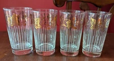 Vintage (Set of 4) Libbey Gold Leaf Vine and White Stripe Tumblers - Barware