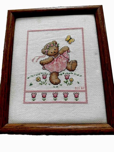 Teddy Bear Dancing Finished Framed Cross Stitched Approx. 8x10 Vintage READ