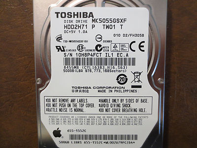 Toshiba MK5055GSXF (HDD2H71 P TW01 T) 010 D2/FH305B Apple#655-1552C ...