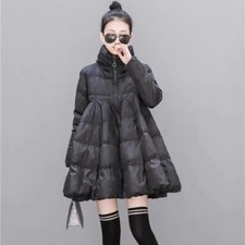 Women Puffer Coat Flared Pleated Padded Jacket Overcoat Warm Outerwear Tops