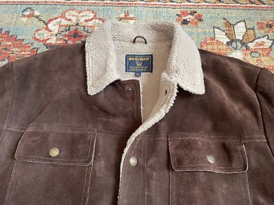 Woolrich Man's Sherpa Polyester Lined Leather Suede Brown Jacket
