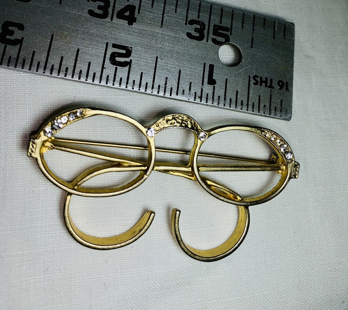 1918 Brand, Eyeglasses Frames Brooch Pin w/Clear Rhinestones Gold Tone
