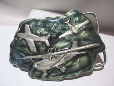 VINTAGE HEAVY ENAMELED GREEN BIPLANE JETS RAISED DESIGN BERGAMOT BRASS WORKS USA