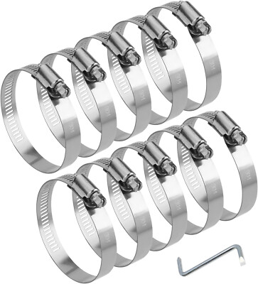 10-Pack 2 Inch Stainless Steel Hose Clamps - Worm Gear, Adjustable, Rust-Resistant