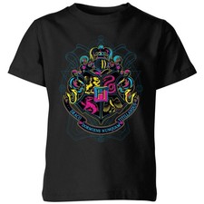 Image of Harry Potter Hogwarts Neon Crest Wizarding World Kids T-Shirt | Black
