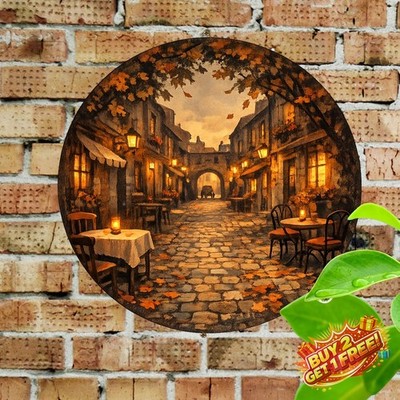 Vintage Autumn Street Scene 8x8 Round Aluminum Room Metal Tin Sign