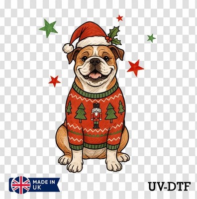 Weihnachten Bulldogge UV DTF Aufkleber - Glas Laptop Becher Tasse cs29