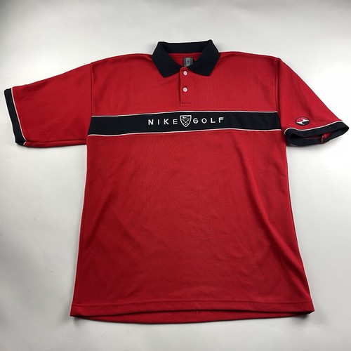 VTG Nike Golf Spell Out Polo Shirt 90s Tiger Woods Era Size XL-L Yin Yang Red