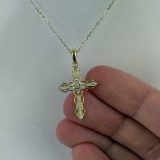Gold Plated 925 Sterling Silver Cross Pendant Necklace Simulated CZ Diamonds NEW