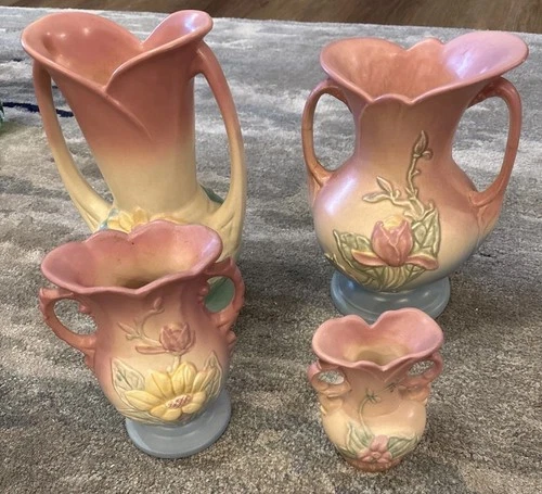 LOT of 4 Hull Art Pottery—flowers w/stems & leaves, w/handles-Used, Good Cond.