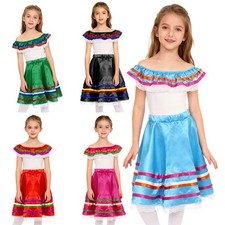 Girls Mexican Dress Traditional Color Block Dance Off Shoulder Tops with Skirt
