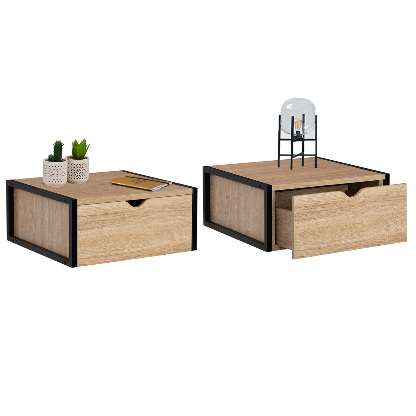 Table de chevet murale DETROIT lot de 2 meuble de nuit suspendu industriel bois et métal