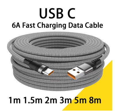USB Type-C 6A Fast Charging Cable 1M-8M For Huawei Xiaomi OnePlus Oppo Vivo