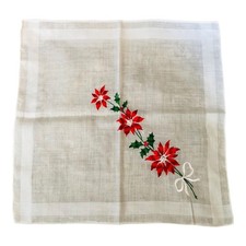 VTG Poinsettia Hankie Christmas Embroidered Handkerchief Linen Switzerland