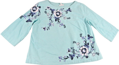 Charter Club Linen Cotton Top Women L Aqua Purple Floral Embroidered Boat Neck