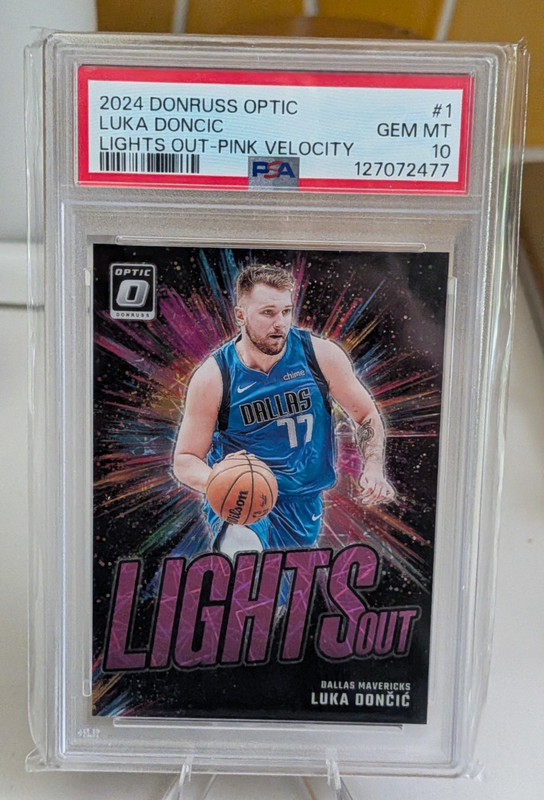 2024-25 Donruss Optic Luka Dončić Lights Out Pink Velocity /79 PSA 10 Mavericks