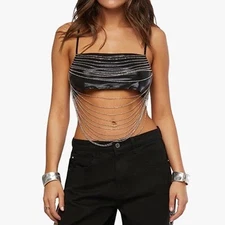 WEWOREWHAT Chain Bandeau Top Liquid Foil Black Size XL Silver Draped Chains NWT