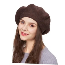  Beret Hats for Women Wool Knit French Beret Solid Color One Size Coffee