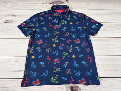 Birdie Bound Performance Stretch Golf Polo Neon Tropical Surf Print Men s Medium