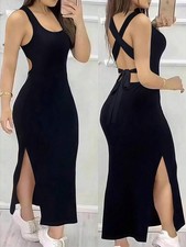 Sexy Backless Criss Cross Tank Dress Split Thigh Slim Fit Beach Maxi