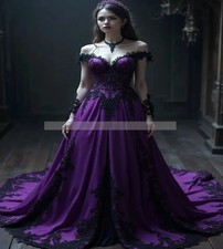 Retro Purple With Black Gothic Wedding Dress off Shoulder Satin Medieval Bridal