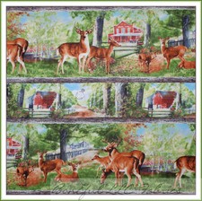 BonEful Fabric FQ Cotton Quilt VTG DEER Stripe Border Red Barn Farm Scenic Cabin