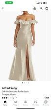 Alfred Sung Off-the-Shoulder Ruffle Neck Satin Trumpet Gown in Champagne Size 2
